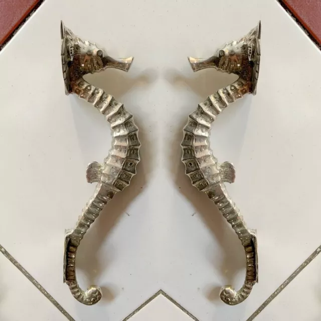 2 small SEAHORSE solid brass door SILVER plated old style PULL handle 10" long B