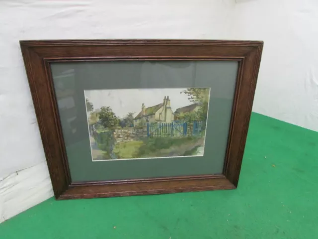 Early 20th Century Watercolour Painting House & Landscape, in Solid Oak Edwardia