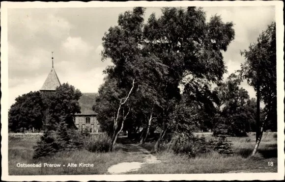 Ak Prerow Darß, Blick zur alten Kirche, Gehweg, Birken - 3841963