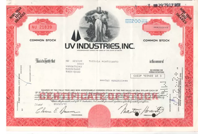 UV Industries, Inc. - Original Stock  Certificate - 1977 - NU21839