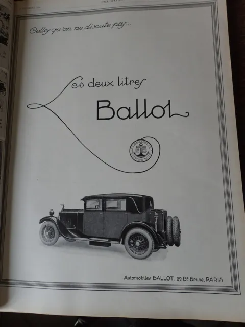 BALLOT 2 litres + FIAT 519-26 CV publicité papier ILLUSTRATION NOEL 1926 col