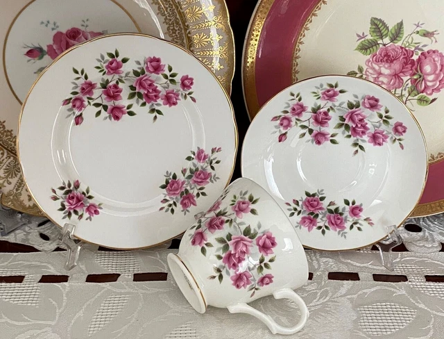 Vintage Crown Trent Fine Bone China Staffordshire England Pink Rose Trio C1960