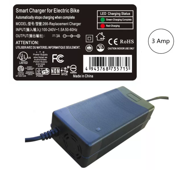 3 Amps - 3-Prong Smart Charger for Kasen Electric Trike Bike Tricycle