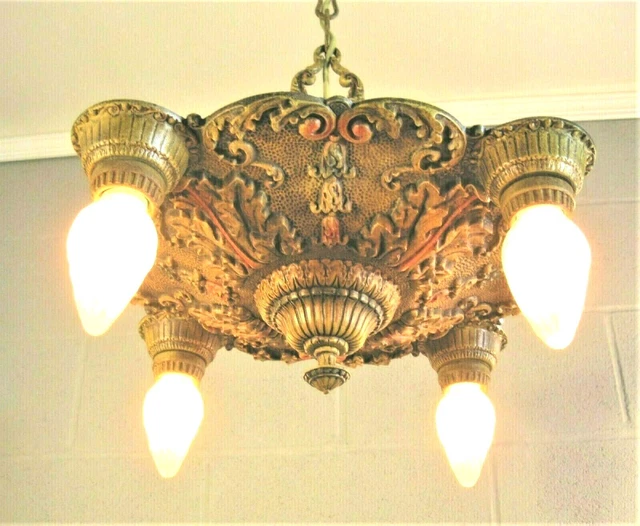 Victorian Chandelier Original 1920`s Paint Rewired Cast Iron Original Canopy