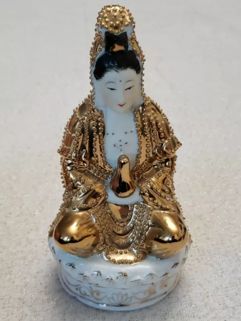 Vtg Chinese Gold Gilt Porcelain Kwan-Yin Quan-Yin Goddess of Mercy Statue 7"