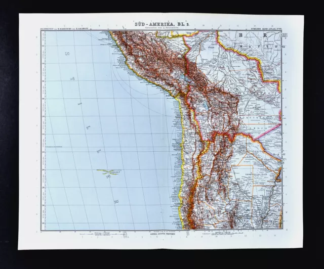 1911 Stieler Map Peru Bolivia Chile Argentina Lima Cuzco La Paz - South America