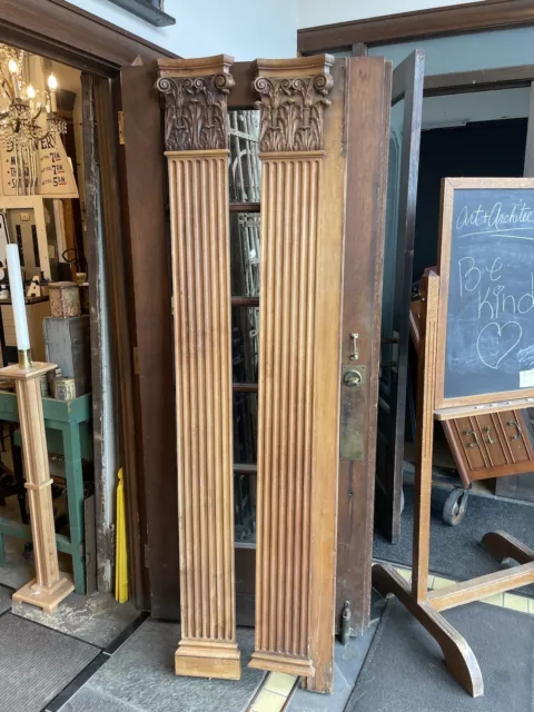 Pair of Antique Hardwood Corinthian Column Paneling Facade Sections