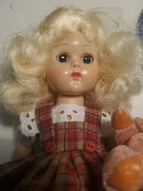 Vogue Ginny Doll 1950's In Plaid Dress And Toy Bear