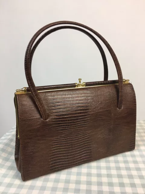 Borsa vintage lucertola marrone lucertola rettile pelle Kelly foderata pelle scamosciata doppia manici telaio Elbief 2