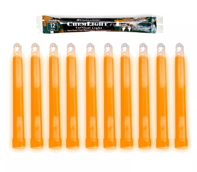 10 (TEN) - 12 Hour 6” Military ChemLight (15cm) Orange lightstick Cyalume® Brand