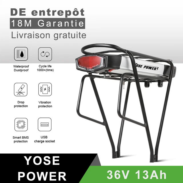 Batterie Vélo Électrique 48V 10,4Ah – Porte-bagages Pour 26-28" V-Brake – YOSE POWER