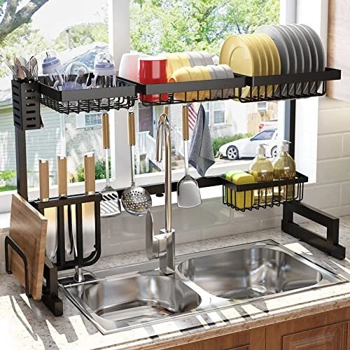 Over The Sink Dish Drying Rack 2 Tier Width Adjustable 33"~41" Dish Rack With