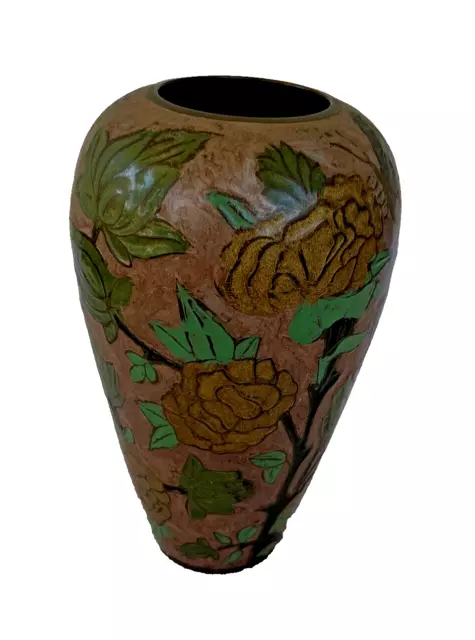 Vintage Solid Brass Enamel Cloisonne Bronze Tint  8" Vase Floral & Butterflies