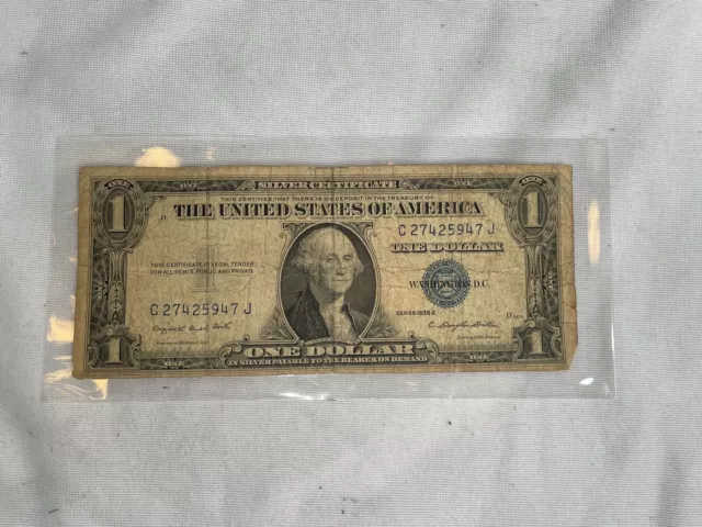 VINTAGE one DOLLAR 1935-G $1 SILVER CERTIFICATE BILL WASHINGTON BLUE SEAL