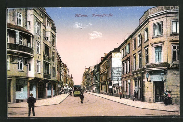 AK Hamburg-Altona, Königstrasse mit Gasthaus und Strassenbahn 1917