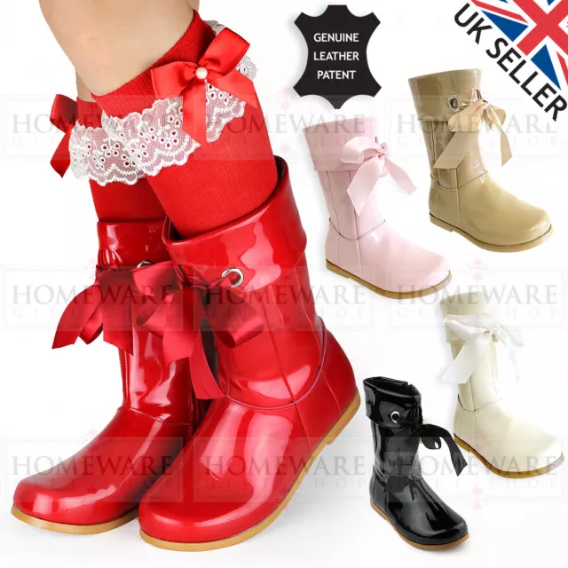 Girls Spanish Style Boots Real Leather Ribbon Patent Zipped Uk5-3 Pink Ivory Red