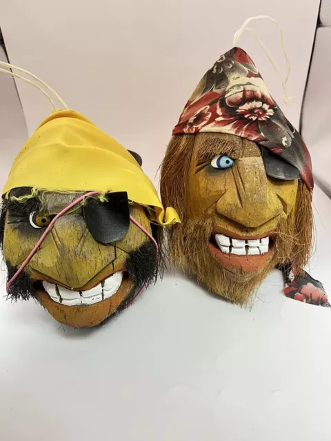 2 VTG Carved Coconut Pirate Heads Eye Patch. Tiki Bar Decor or Halloween.