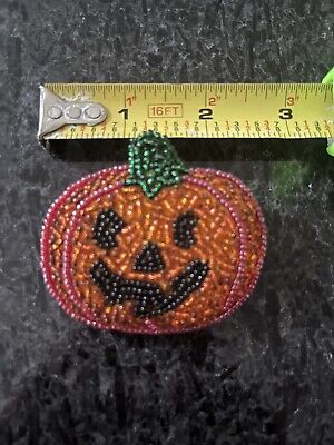 Vintage Cute Jack O Lantern Pumpkin Seed Bead Pin Brooch Halloween Fall Autumn