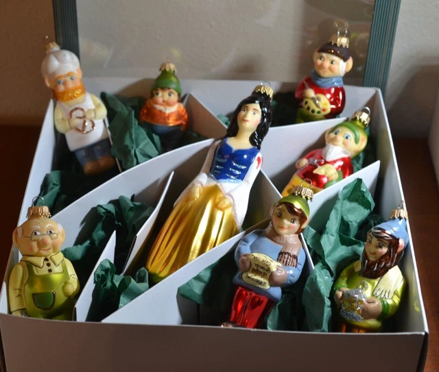 RARE KREBS GLAS Lauscha SNOW WHITE 7 DWARFS Christmas Ornaments Germany