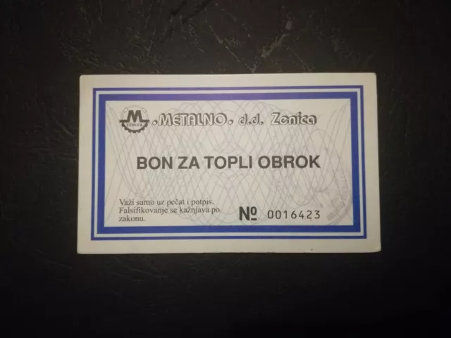 BOSNIA & HERZEGOVINA Local Money Food Bon - Coupon METALNO Zenica (1997)