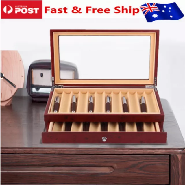 12/23 Slot Pen Fountain Pencil Wooden Display Case Holder Storage Organizer Box