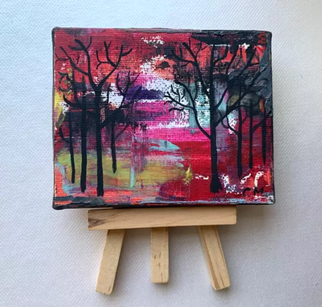 Golden sunset landscape acrylic painting on a mini canvas with an
