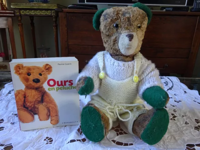 OURS ANCIEN TEDDY BEAR ANNEES 40/50 BOURRE PAILLE avec son livre OURS EN PELUCHE