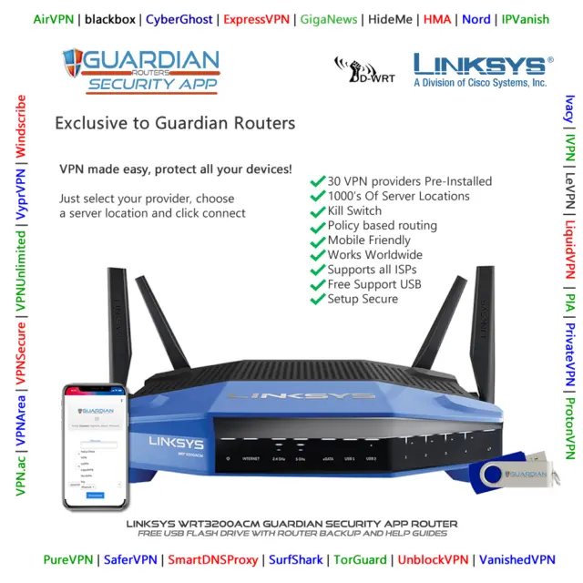 Linksys WRT3200ACM VPN Router 30 VPN providers 1000's of servers Guardian App