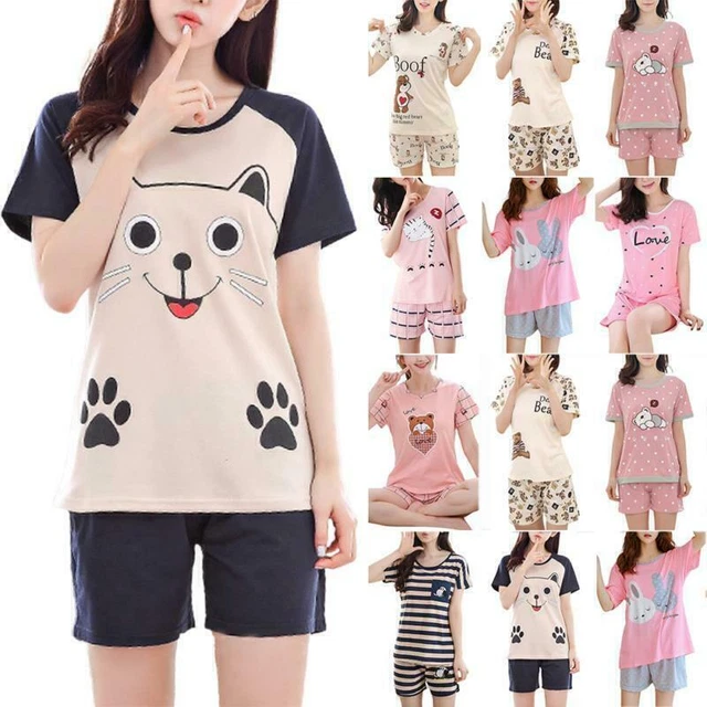 Women Animal Cartoon Print Short Sleeve Tops Shorts Set Loose Pajamas Sleepwear