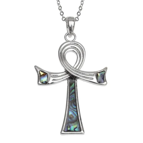 Egyptian Ankh Silver Necklace Pendant Paua Abalone Shell Jewellery - Gift Boxed