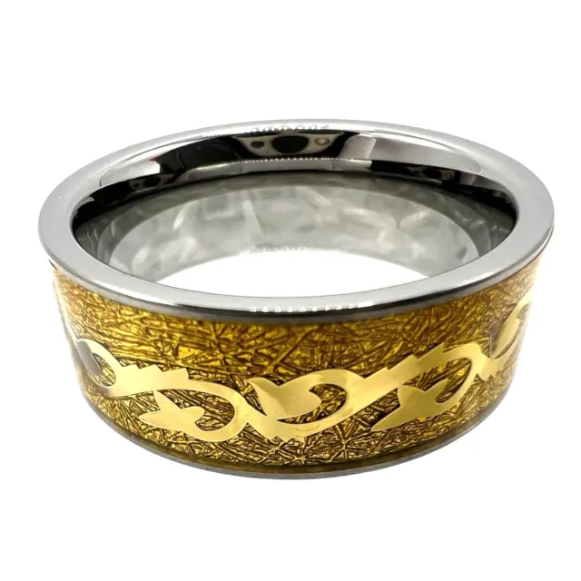 TUNGSTEN Carbide Ring Band Silver-Tone Gold Celtic Gaelic Dragon Inlay Size 9.5