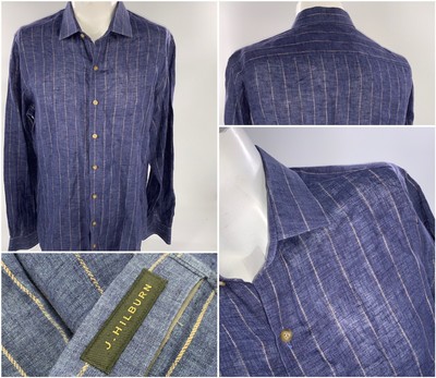 J Hilburn Long Sleeve Button Shirt L Men Blue Stripe Linen Custom YGI J2-89