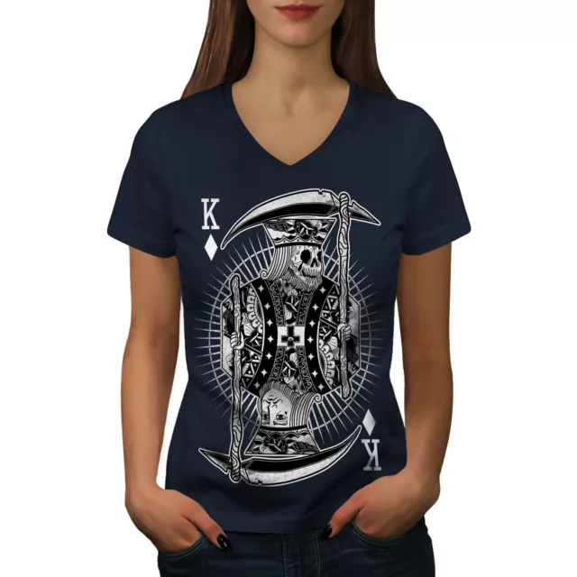 Wellcoda Poker Horror King Skull Womens V-Neck T-shirt,  Graphic Design Tee