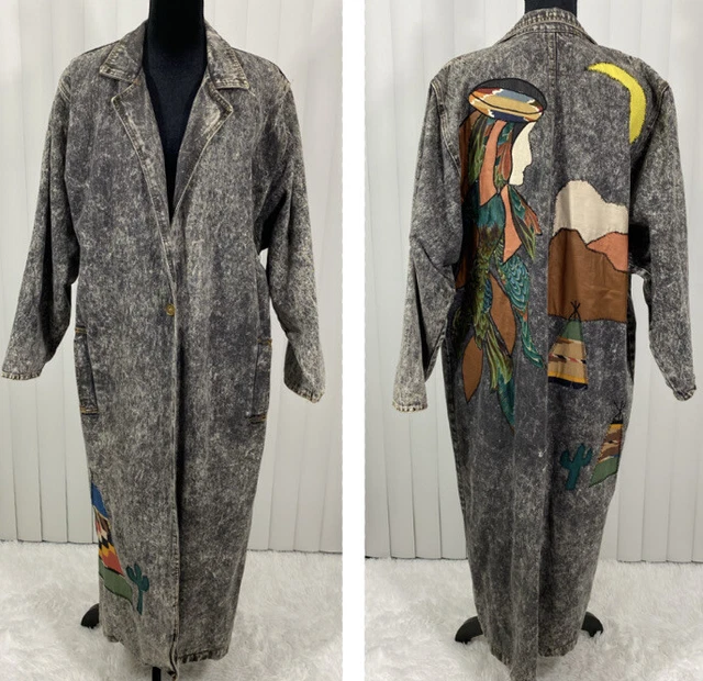 IMAGINATIONS Vintage Acid Wash Denim Jean Duster Jacket Southwest Patchwork XL