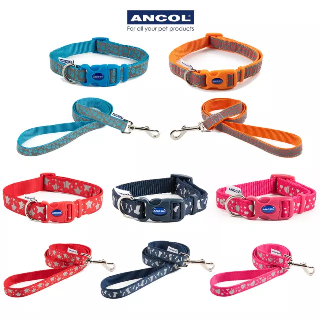 Ancol Reflective Dog Collar Fashion Matching Leads Separately Adjustable Nylon