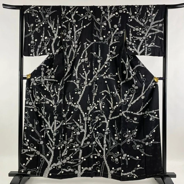 Woman Japanese Kimono Tsukesage Silk Trees Shibori Black