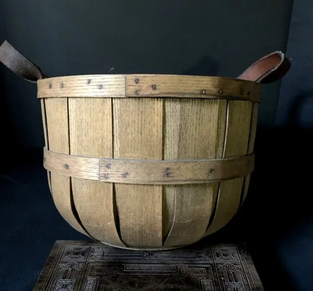 Antique Vintage Splint Oak Apple Basket – Leather Handles Solid Wood Bottom -