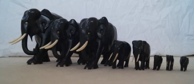 Vintage Ebony Wood Hand Carved African Elephants set of 8