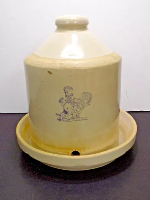 Vintage Large Stoneware Pottery Rooster Chicken Water Feeder Blue & White Usa