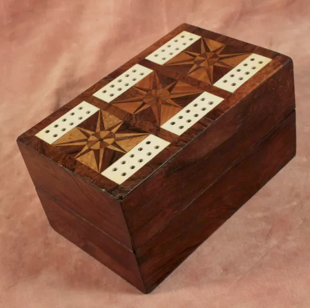 ANTIQUE EARLY TUNBRIDGE WARE GAMES CRIBBAGE BOX BOARD INLAID WOOD c1850