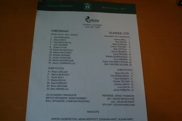 Hibernian (Hibs) V Dundee United          Colour Teamsheet               2/10/16