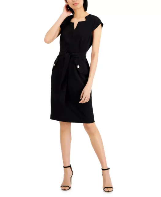 kasper Womens Short Sleeve Belted Sheath Dress 10824696 Black 12