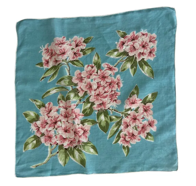 Vintage 1950’s Aqua Floral Hydrangeas Pink Hankie handkerchief cotton 13-14"