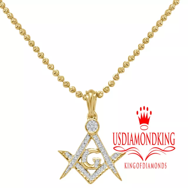Real Diamond G Compass Masonic Mason Yellow Gold Finish Pendent Charm Chain Set