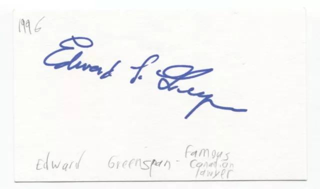 Edward Greenspan Signed 3x5 Index Card Autographed Signature Lawyer Attorney