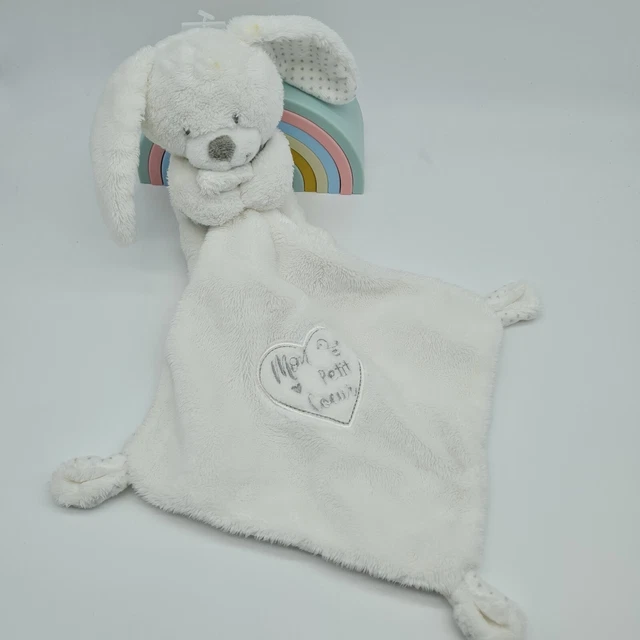 20 - Doudou Lapin Blanc Mouchoir Bebe Gris  Pommette Intermarche Mon Petit Coeur