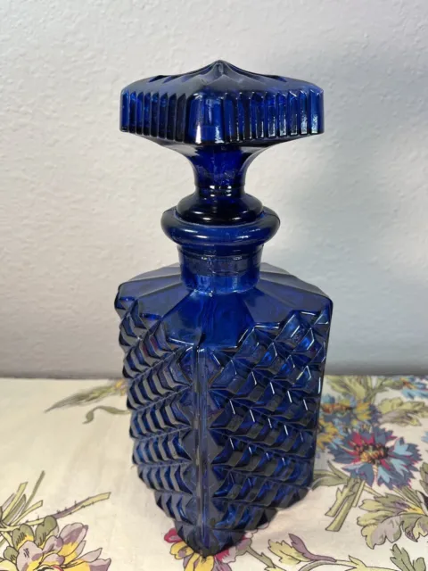 Cobalt Blue Glass Diamond Quilted 10 Inch Bottle With Stopper