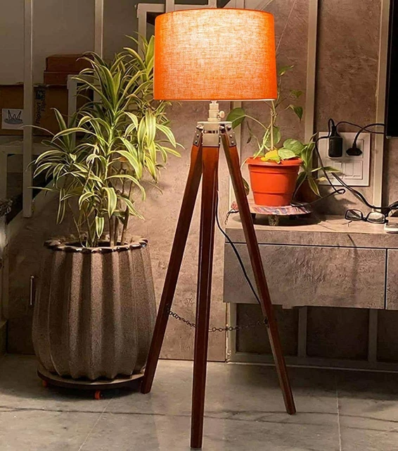 Soporte de trípode de suelo de esquina de madera Vintage latón marrón...