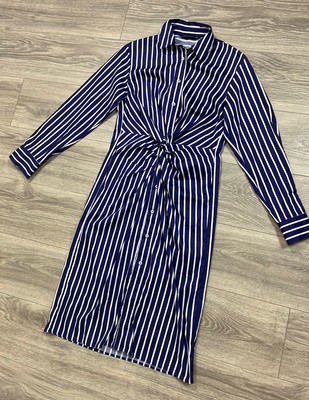 Zara Womens S Dress White Blue Striped Long Sleeve Button Midi Shirt Dress Knot