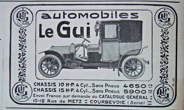 Publicité De Presse 1911 Automobiles Le Gui Chassis 10 H-P 4 Cyl - Advertising